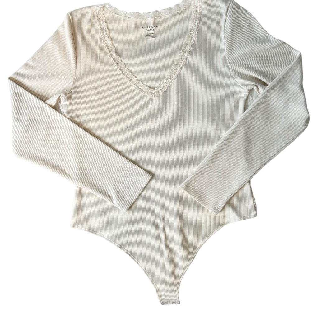 AMERICAN EAGLE Bodysuit Ribbed Lace VNeck Long Sleeve Cream XL 90s Retro Trendy